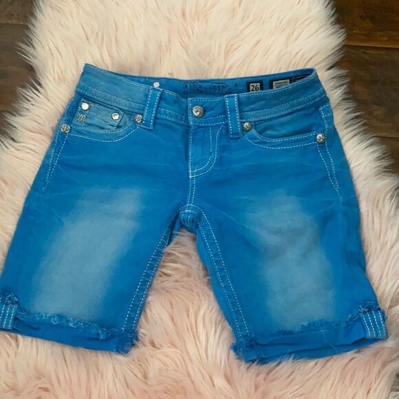 Miss Me Blue Factory Distressed Embellished Bermuda Shorts Casual Modern - Picture 1 of 11